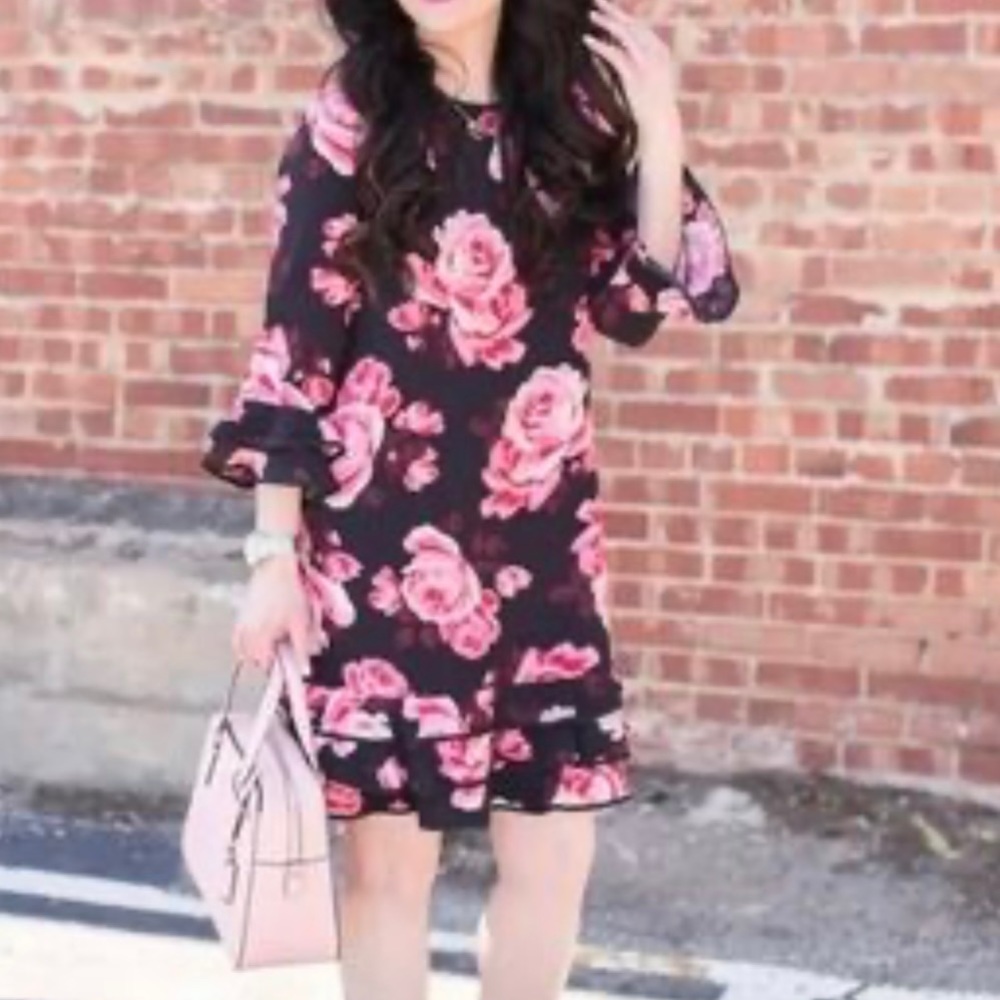 Kate Spade, Floral Ruffle Tiered Black & Pink Rose Print Rosa Shift Dress, Small - Picture 6 of 7